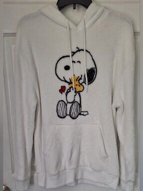 Peanuts Snoopy & Woodstock Plush Fuzzy Hoodie White Size Small